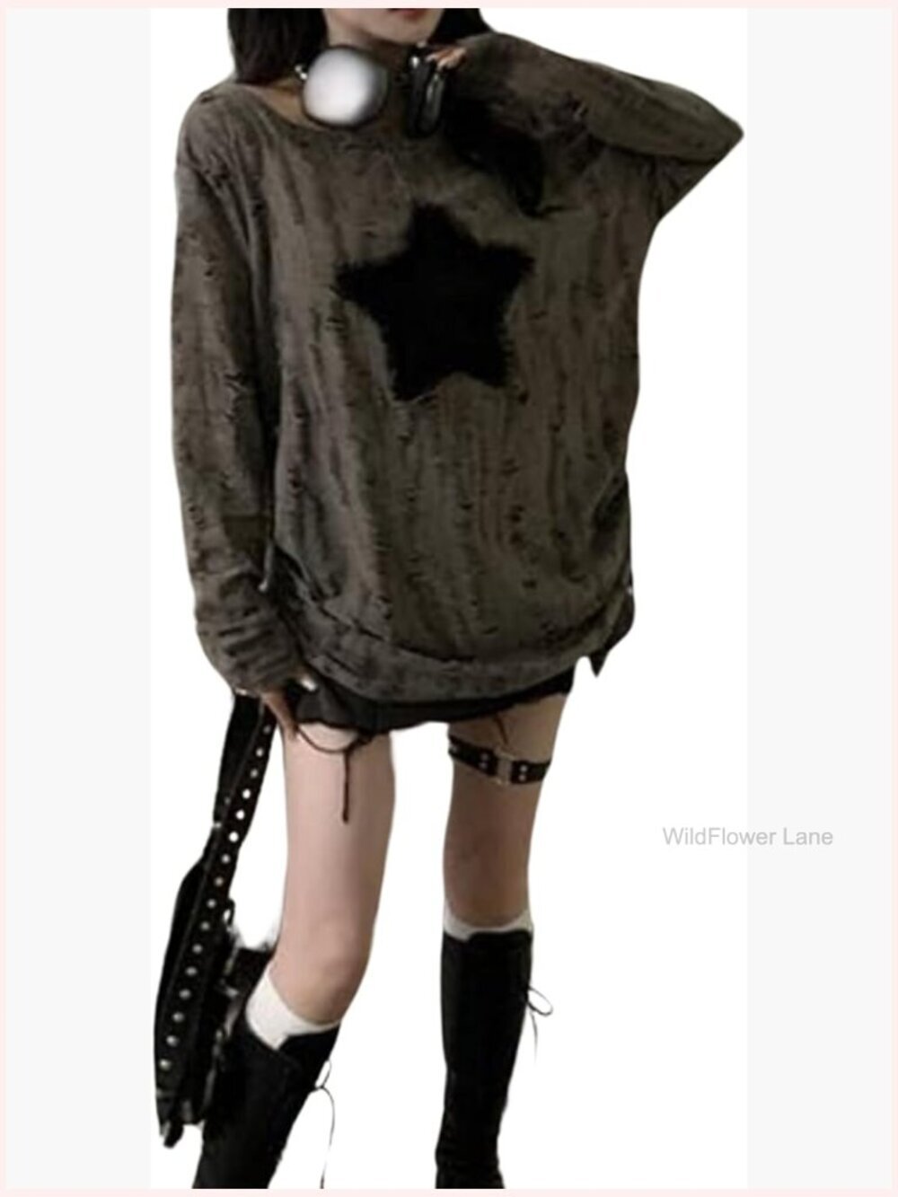 Off Shoulder Ripped Long Sleeve Top Grunge Y2K Goth Blouse